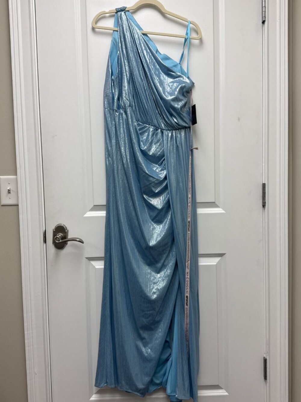 Mac Duggal Size 14 Blue 26537 Metallic One-Shoulder Maxi Gown Dress Prom NWT - Picture 3 of 10
